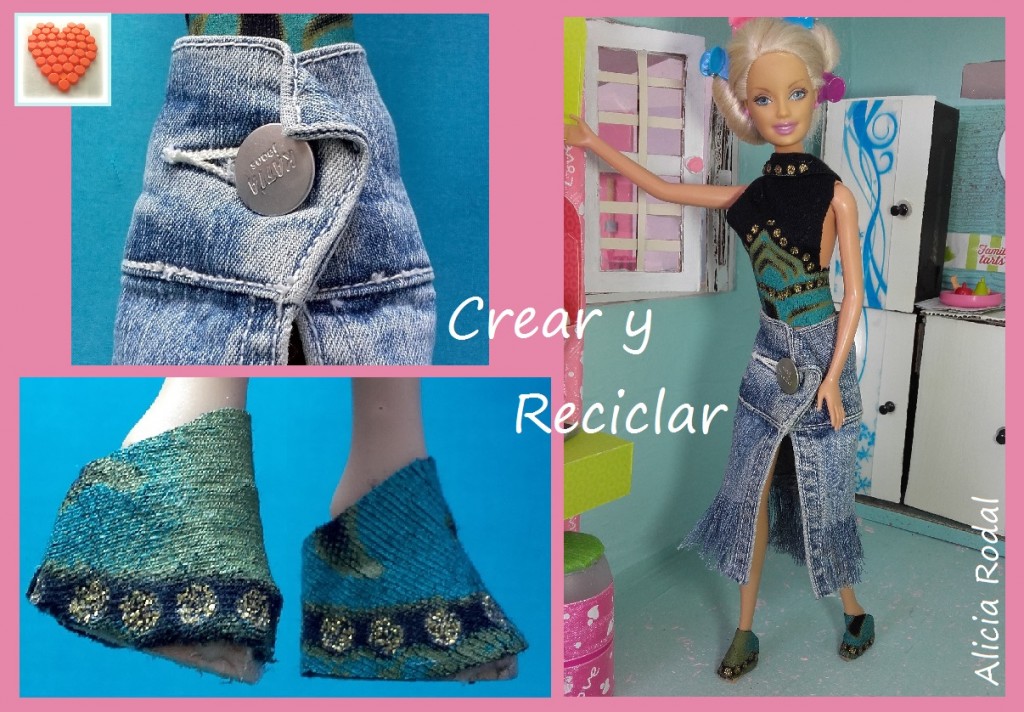 Conjunto hippie para muñecas con retales, top, falda flecos y botines. DIY
