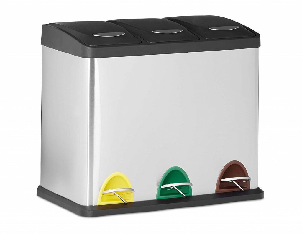 El mejor cubo para separar residuos en casa. Elegante, duradero, cómodo, práctico y funcional. Relaxdays 10022323 Cubo de Basura Reciclaje- 3 Compartimentos, 3 x 8L, Acero Inoxidable, Plateado, 40x48x28 cm