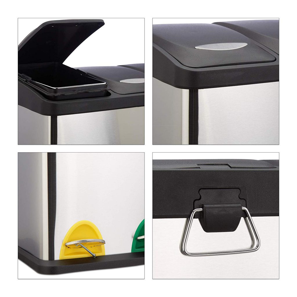 El mejor cubo para separar residuos en casa. Elegante, duradero, cómodo, práctico y funcional. Relaxdays 10022323 Cubo de Basura Reciclaje- 3 Compartimentos, 3 x 8L, Acero Inoxidable, Plateado, 40x48x28 cm