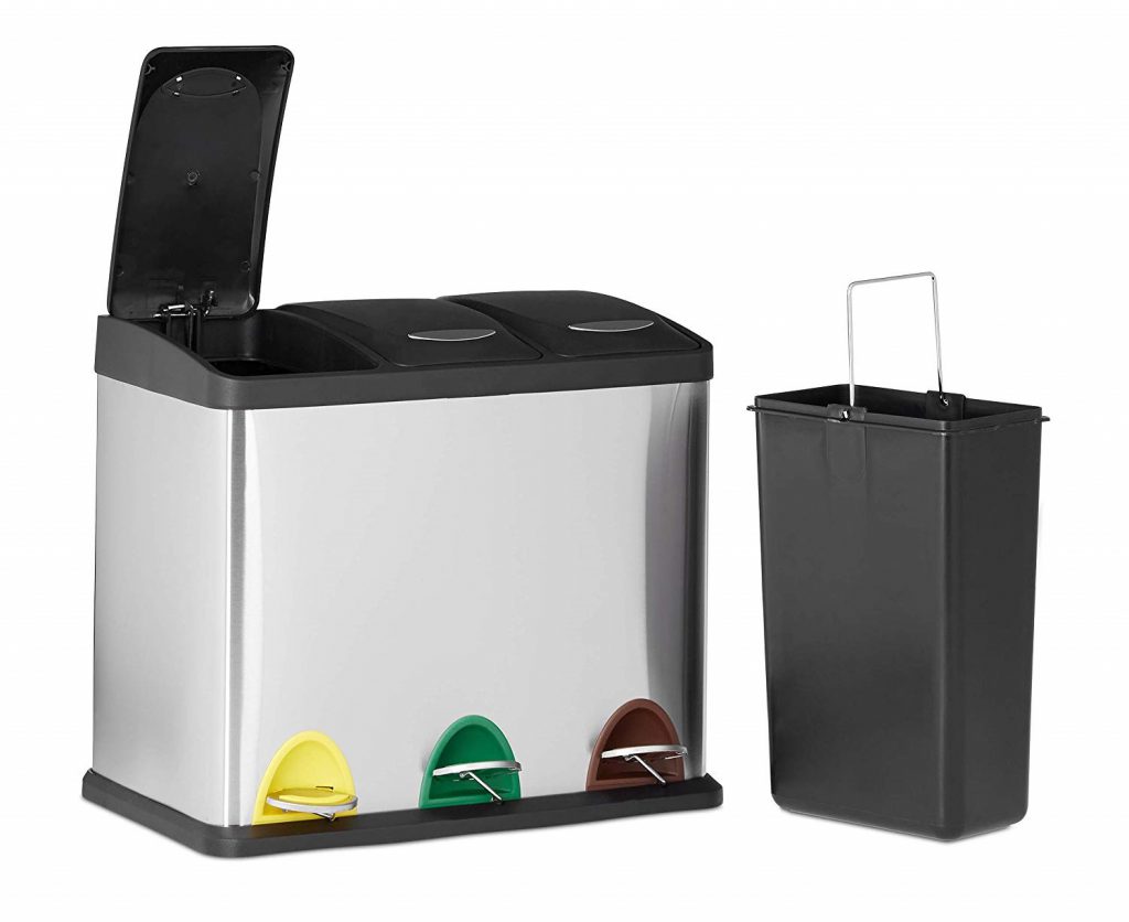 El mejor cubo para separar residuos en casa. Elegante, duradero, cómodo, práctico y funcional. Relaxdays 10022323 Cubo de Basura Reciclaje- 3 Compartimentos, 3 x 8L, Acero Inoxidable, Plateado, 40x48x28 cm