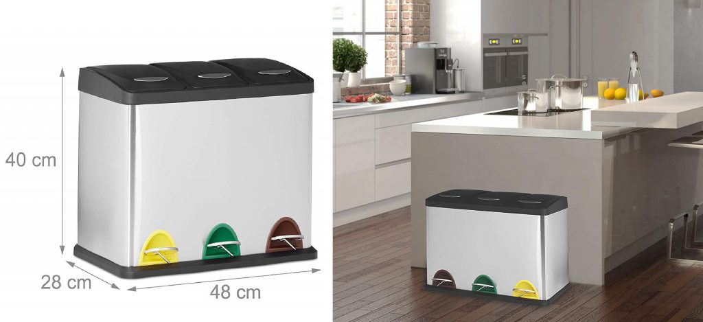 El mejor cubo para separar residuos en casa. Elegante, duradero, cómodo, práctico y funcional. Relaxdays 10022323 Cubo de Basura Reciclaje- 3 Compartimentos, 3 x 8L, Acero Inoxidable, Plateado, 40x48x28 cm
