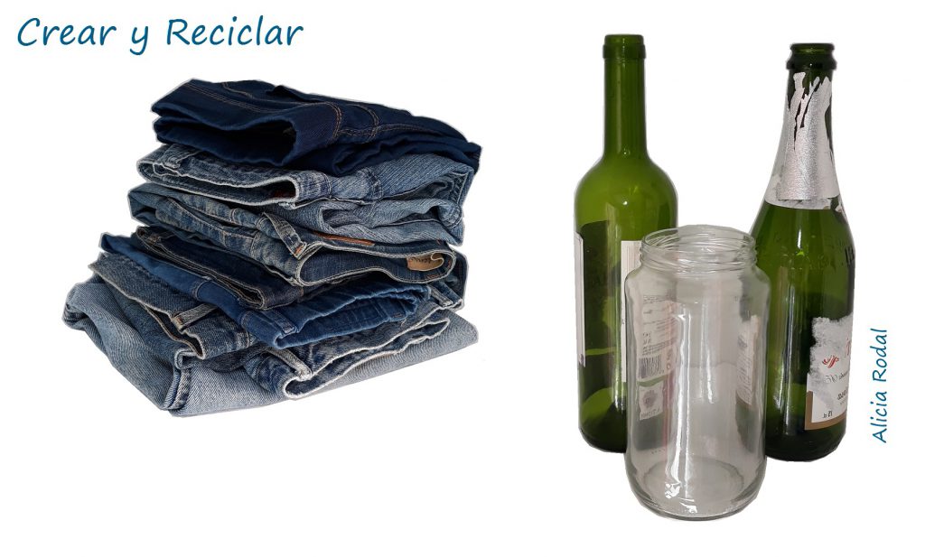 ideas para reutilizar y decorar envases, frascos o botellas de vidrio o cristal, fácil. DIY. Además vamos a reutilizar faldas y pantalones vaqueros, también conocidos como blue jeans, Denim, mahón, tejanos o mezclilla.