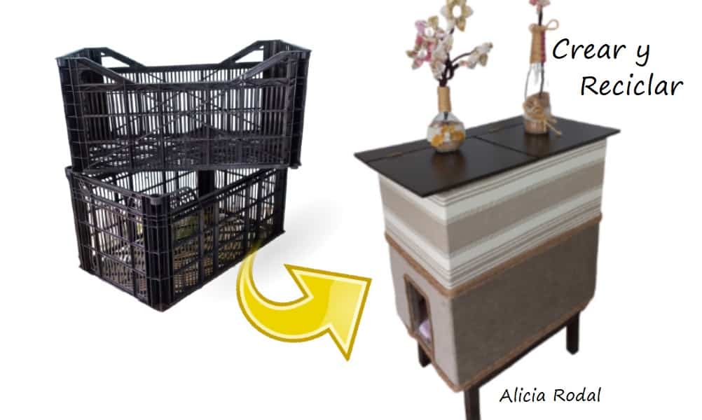 Mueble Mesa Baúl y casa de gato con cajas de plástico - Crear y Reciclar