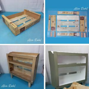 tres proyectos prácticos, bonitos y sostenibles: un mueble para especias, una cesta multifuncional y un servilletero original. Utilizaremos cajas de madera de frutas (huacales) y decoraremos con motivos florales cortados en madera con láser.