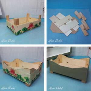 tres proyectos prácticos, bonitos y sostenibles: un mueble para especias, una cesta multifuncional y un servilletero original. Utilizaremos cajas de madera de frutas (huacales) y decoraremos con motivos florales cortados en madera con láser.